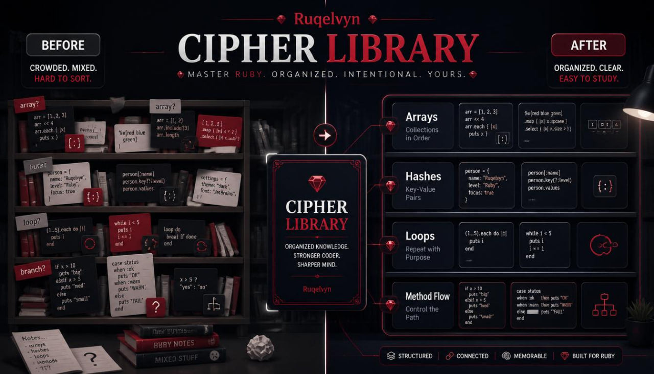 Comparison of 'Cipher Library' before and after organization on a dark background.