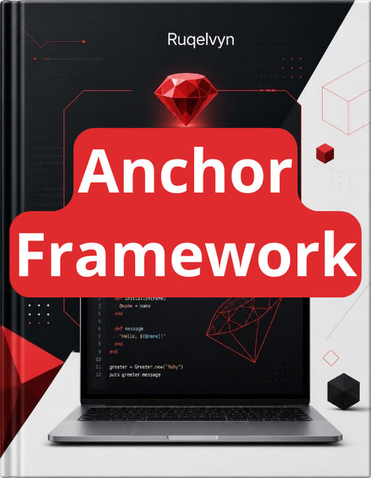 Book titled 'Anchor Framework' by Ruqelvyn with a laptop and red diamond graphic on a black background.