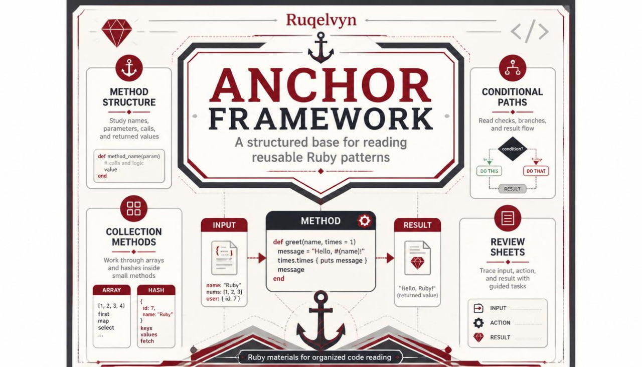 Infographic of the Ruqelvyn Anchor Framework for reading reusable Ruby patterns