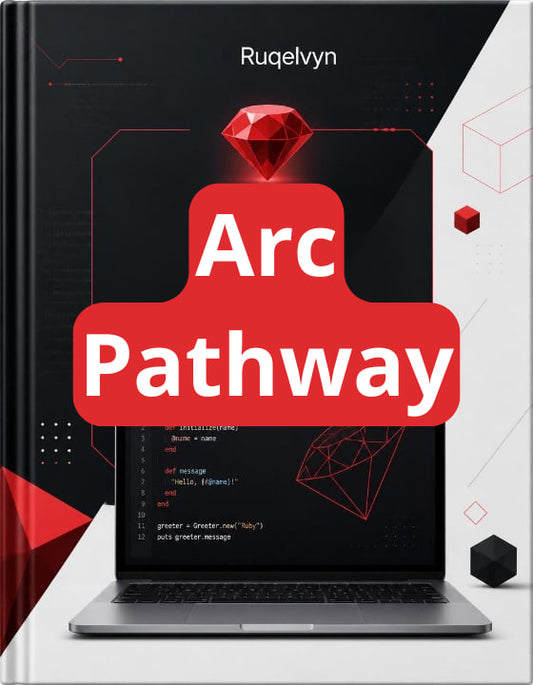 Book titled 'Arc Pathway' by Ruqelvyn with a laptop and red gemstone on the cover.