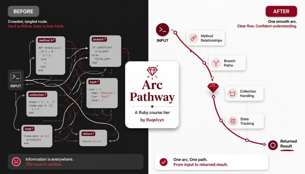 Comparison of 'Arc Pathway' diagram before and after simplification, with Ruby course tier branding.