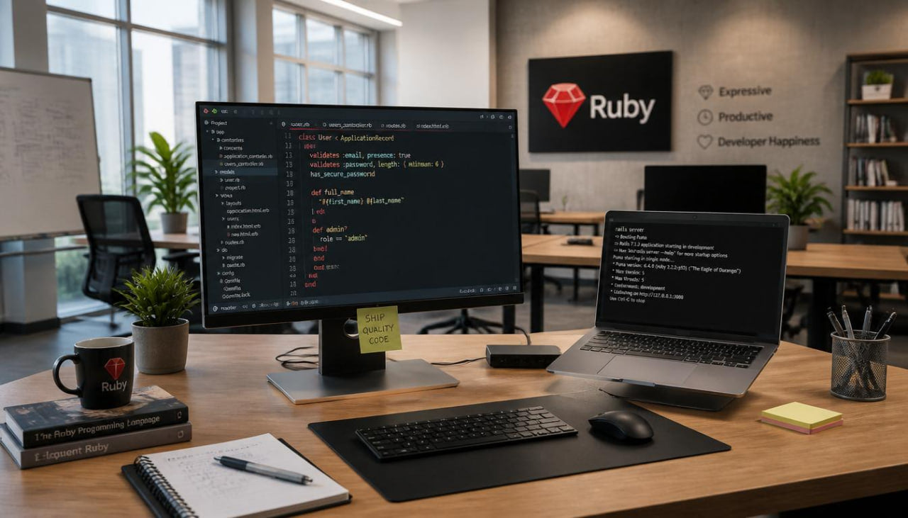 Professional office setup with dual monitors, laptop, and Ruby branding in the background.