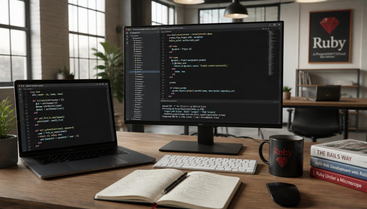 Computer setup with dual monitors, laptop, keyboard, and books on a desk in a room with large windows.
