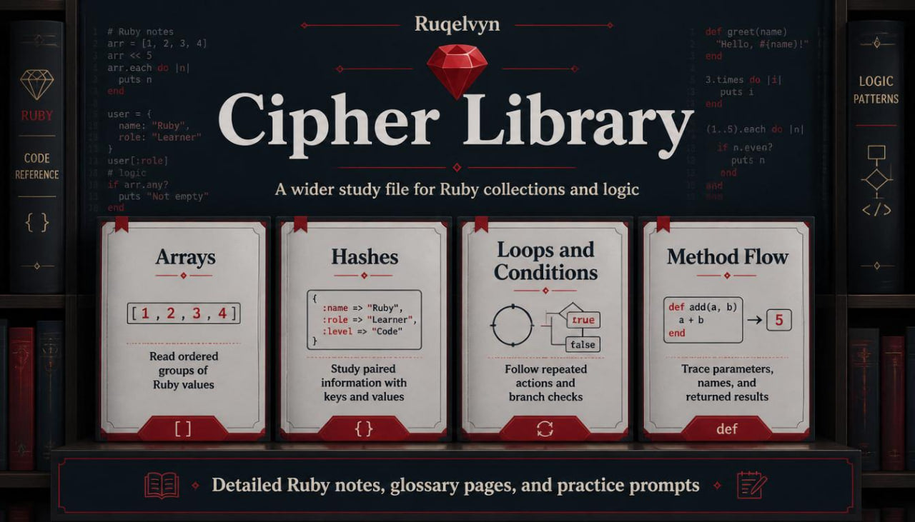 Bookshelf with books titled 'Cipher Library' and 'Ruby collections and logic', featuring Ruby code and concepts.
