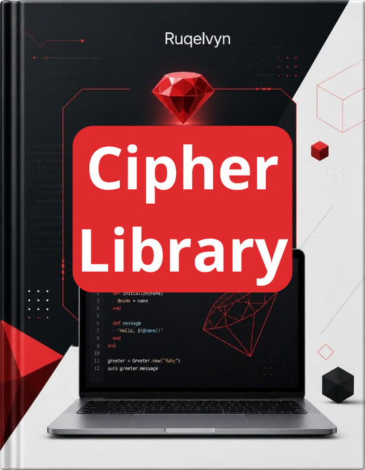 Book titled 'Cipher Library' by Ruqelvyn with a laptop and red gemstone on a black background.