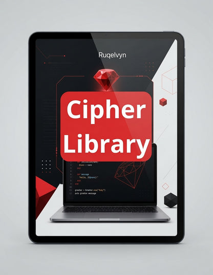 Tablet displaying 'Cipher Library' with a red diamond icon on a gray background