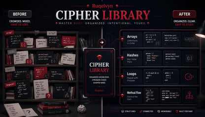 Comparison of 'Cipher Library' before and after organization on a dark background.