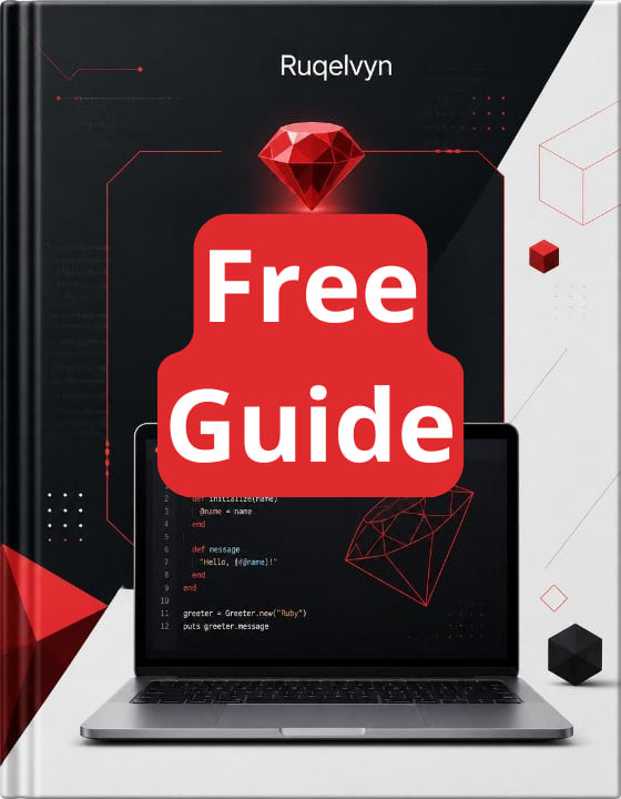 Promotional graphic for a free guide with a laptop and red diamond on a black background, featuring the brand 'Ruqelvyn'.