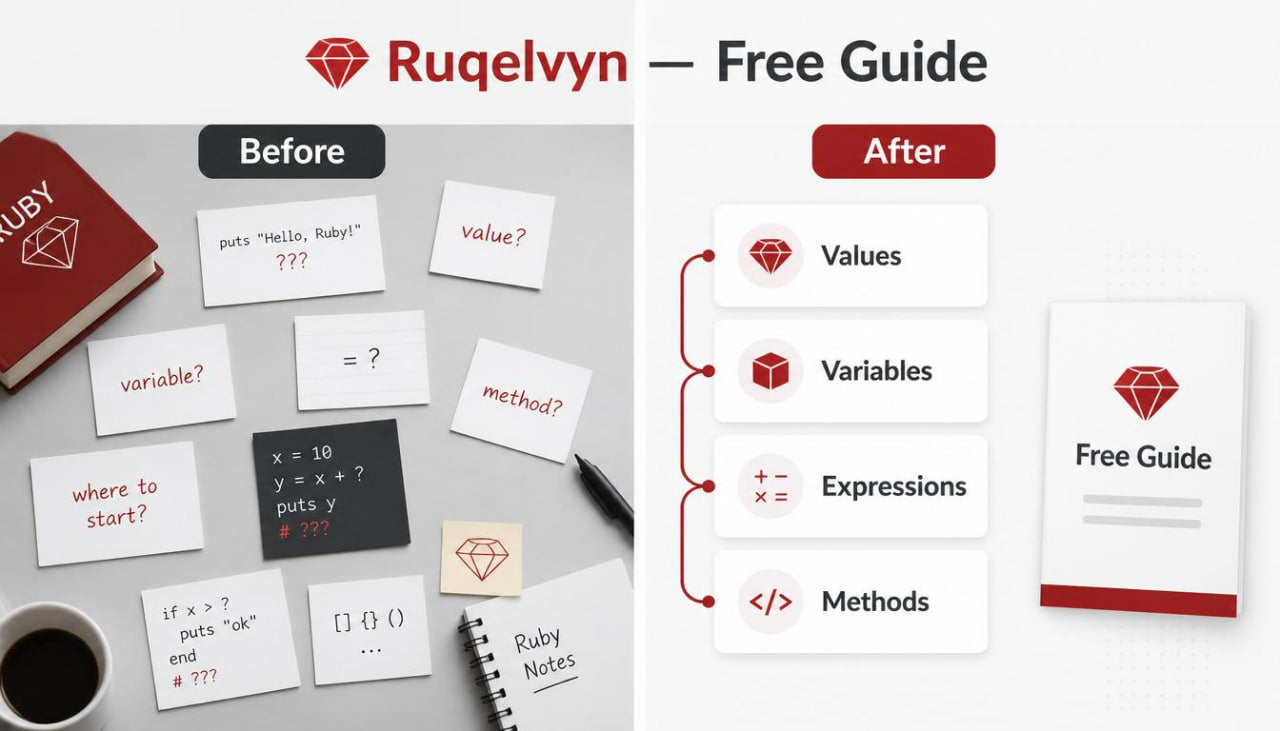 Before and after comparison of educational materials with Ruqelvyn branding.