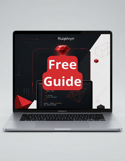 Laptop displaying a 'Free Guide' offer from Rugelvyn on a gray background