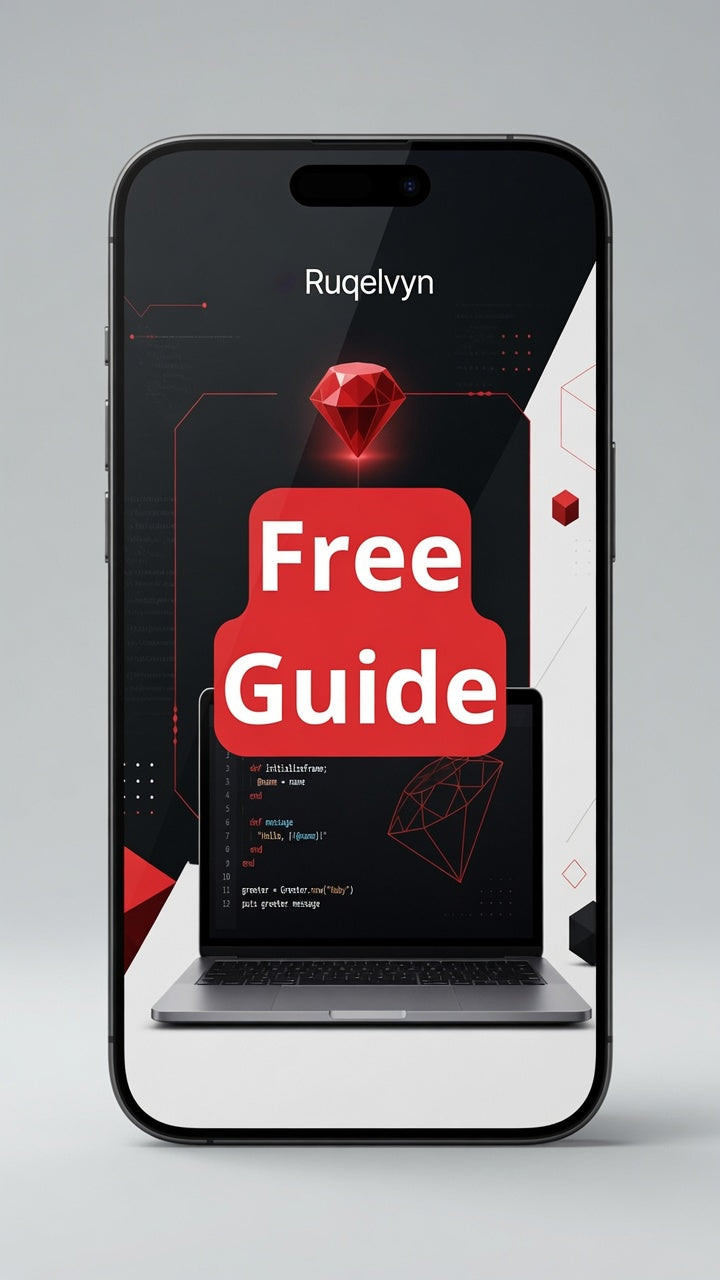 Phone screen displaying a 'Free Guide' offer with Ruqelvyn branding on a gray background