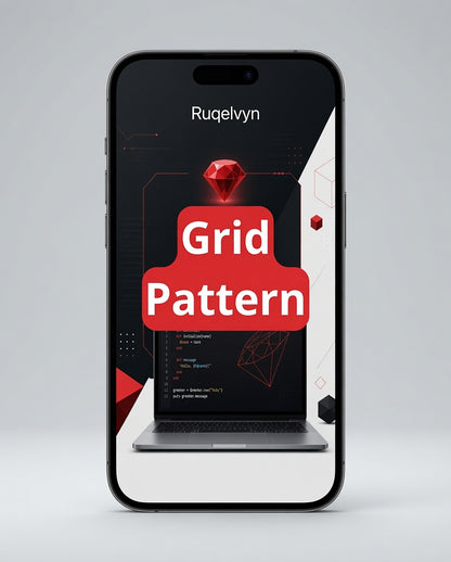 Smartphone displaying a grid pattern design with 'Rugelvyn' branding on a gray background