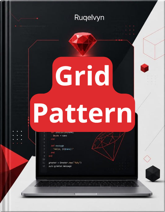 Book titled 'Grid Pattern' by Ruqelvyn with a laptop and geometric design on a white background