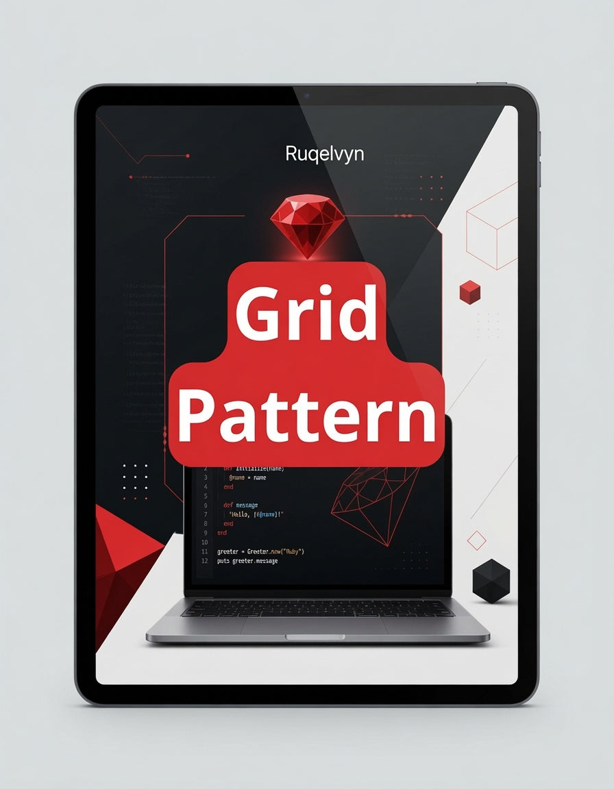 Tablet displaying a design with 'Grid Pattern' text and geometric shapes on a light gray background.