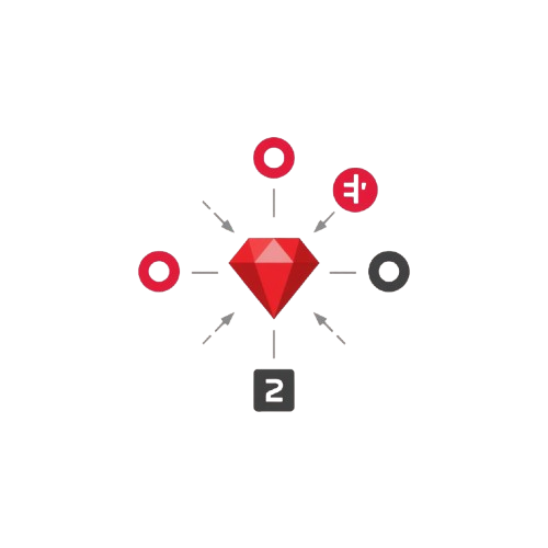 Red diamond with surrounding symbols on a white background
