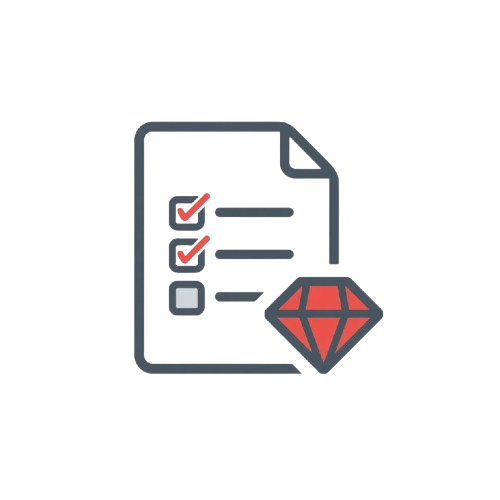 Icon of a document with checkboxes and a red diamond on a white background