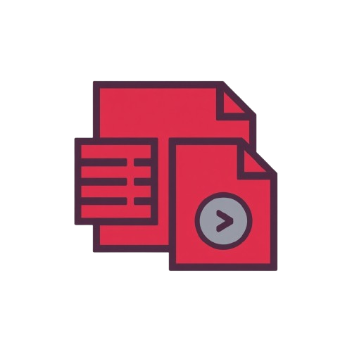 Red icon of a document with a right-pointing arrow on a white background
