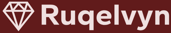 Logo of Ruqelvyn with a diamond symbol on a red background