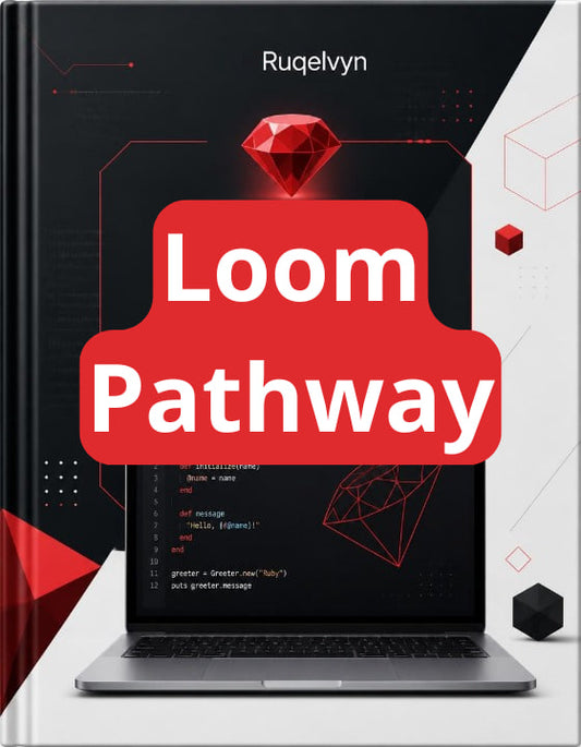 Book titled 'Loom Pathway' by Ruqelvyn with a laptop and red gemstone on the cover.