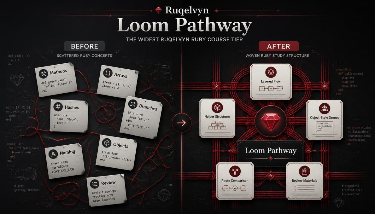 Diagram comparing 'Before' and 'After' versions of a Ruelvelyn Ruby course structure.