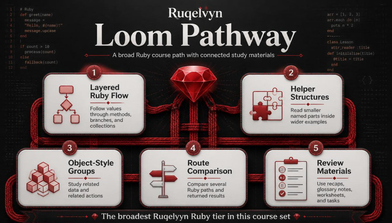 Diagram of Ruelvelyn Loom Pathway with Ruby programming concepts on a dark background.