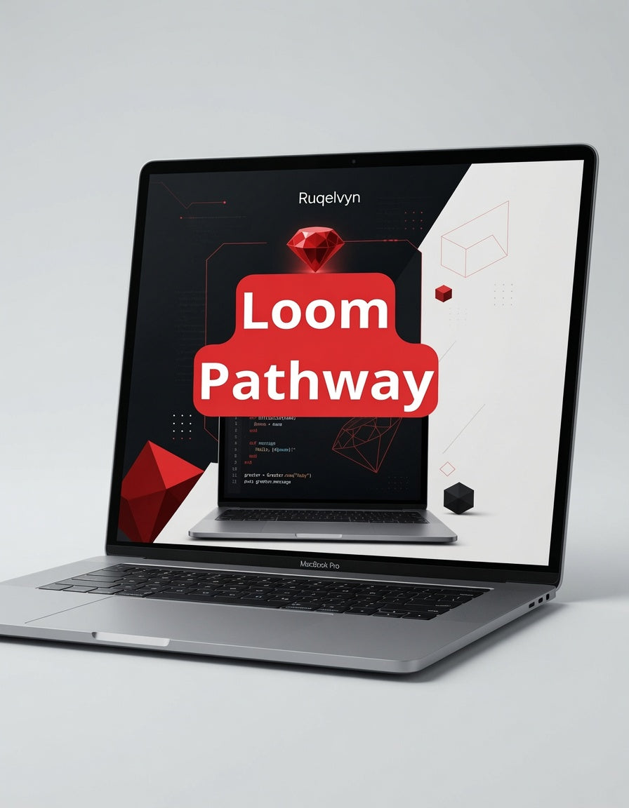 Laptop displaying a screen with 'Loom Pathway' and 'Ruqelvyn' on a light gray background