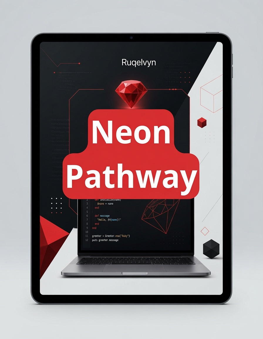 Tablet displaying the 'Neon Pathway' app with a red and black design on a gray background