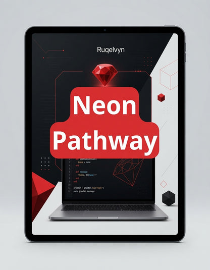 Tablet displaying the 'Neon Pathway' app with a red and black design on a gray background