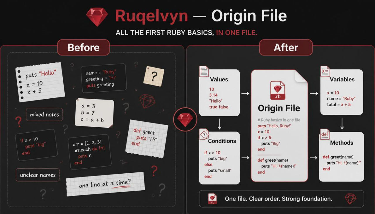 Comparison of Ruby code before and after using 'Rugelvlyn - Origin File' on a dark background.
