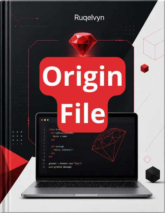 Book titled 'Origin File' by Ruqelvyn with a laptop and red gemstone on a black background
