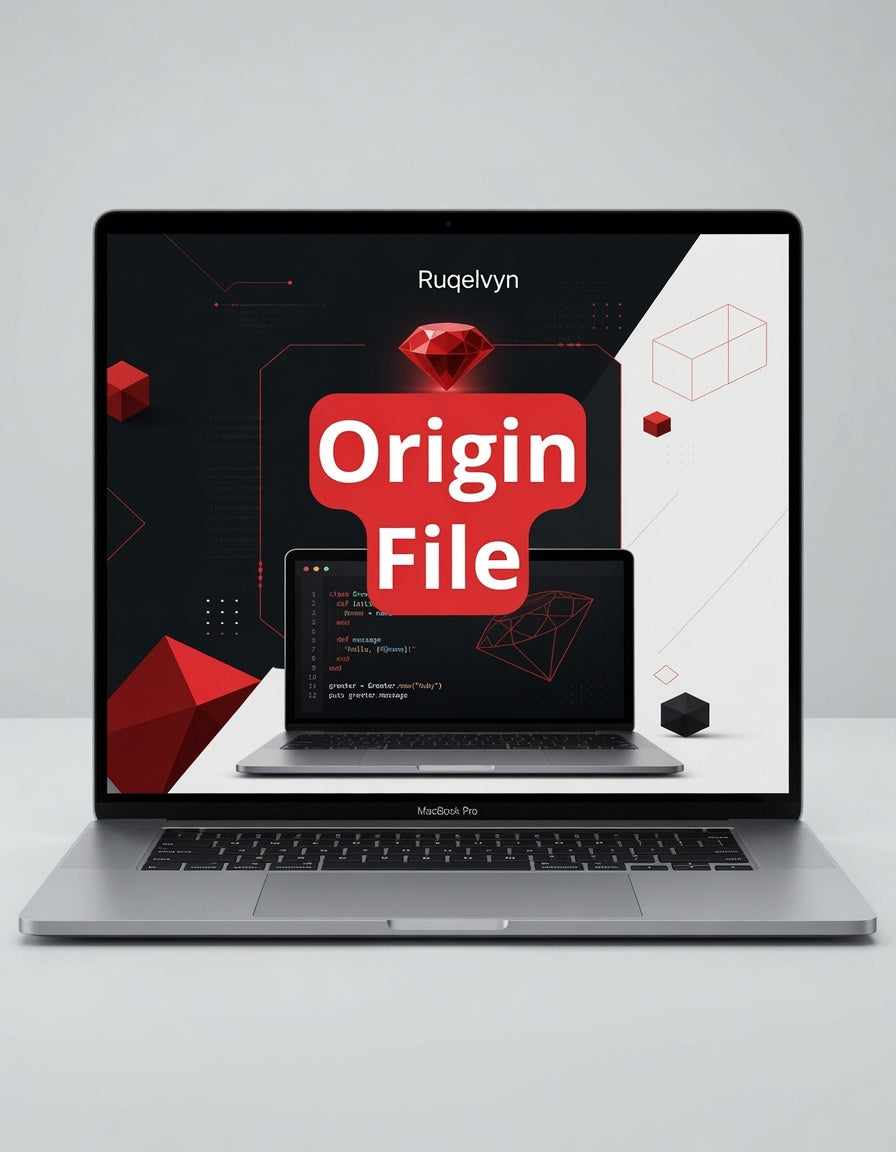 Laptop displaying a screen with 'Origin File' and 'Rugelivyn' on a gray background
