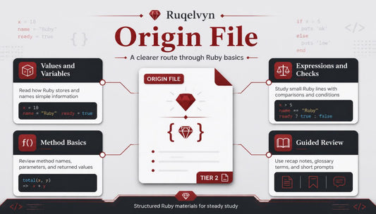 Screenshot of a Ruby programming course interface with various topics and a central 'Origin File' section.