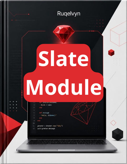 Book titled 'Slate Module' by Ruqelvyn with a laptop and red gemstone design on the cover.