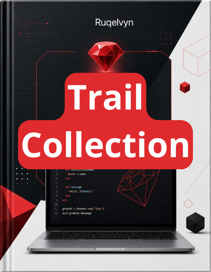 Book titled 'Trail Collection' by Ruqelvyn with a laptop and diamond graphics on the cover.