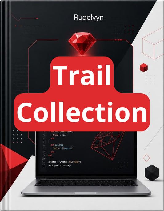 Book titled 'Trail Collection' by Ruqelvyn with a laptop and diamond graphics on the cover.