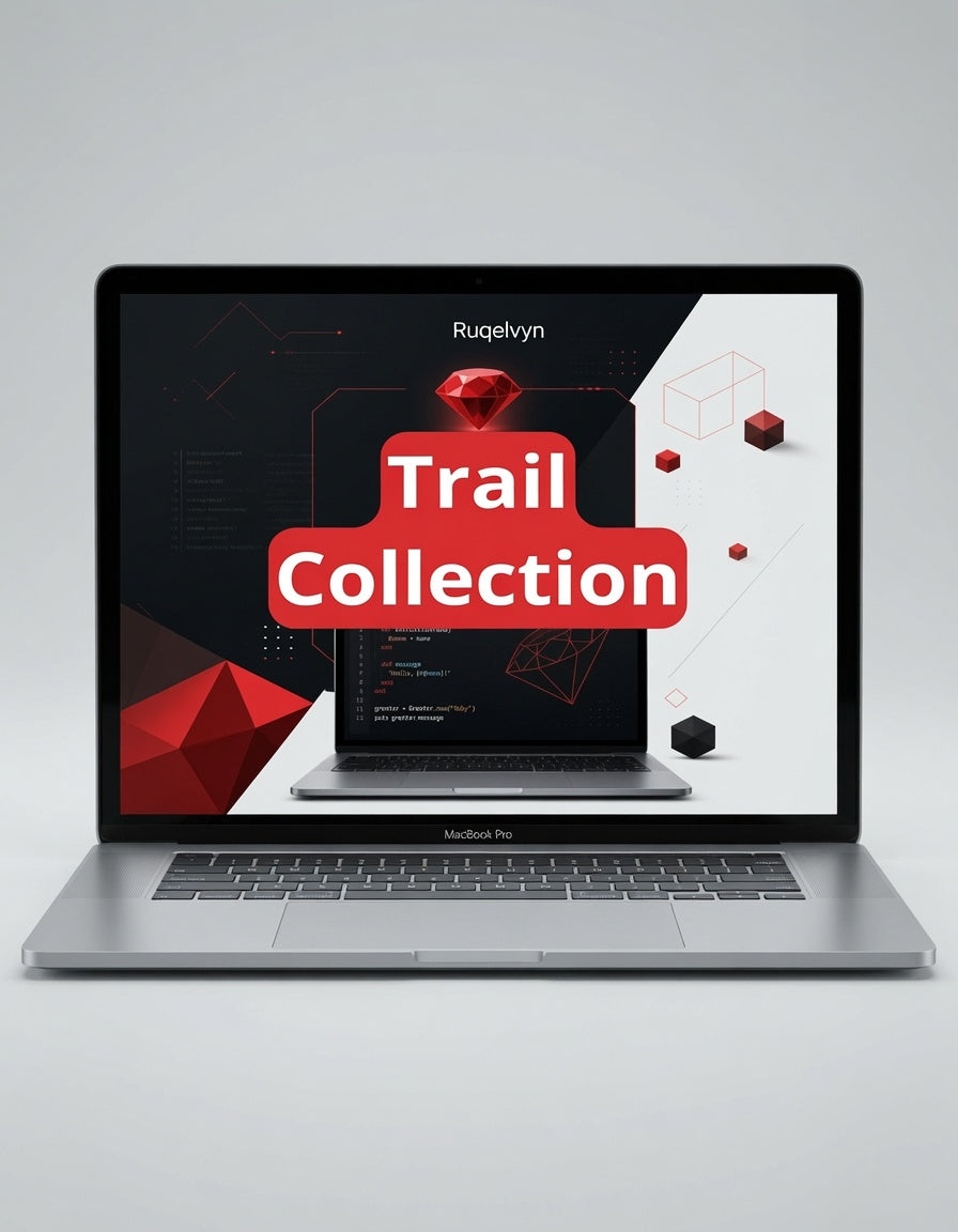 Laptop displaying a 'Trail Collection' graphic with a red banner on a gray background